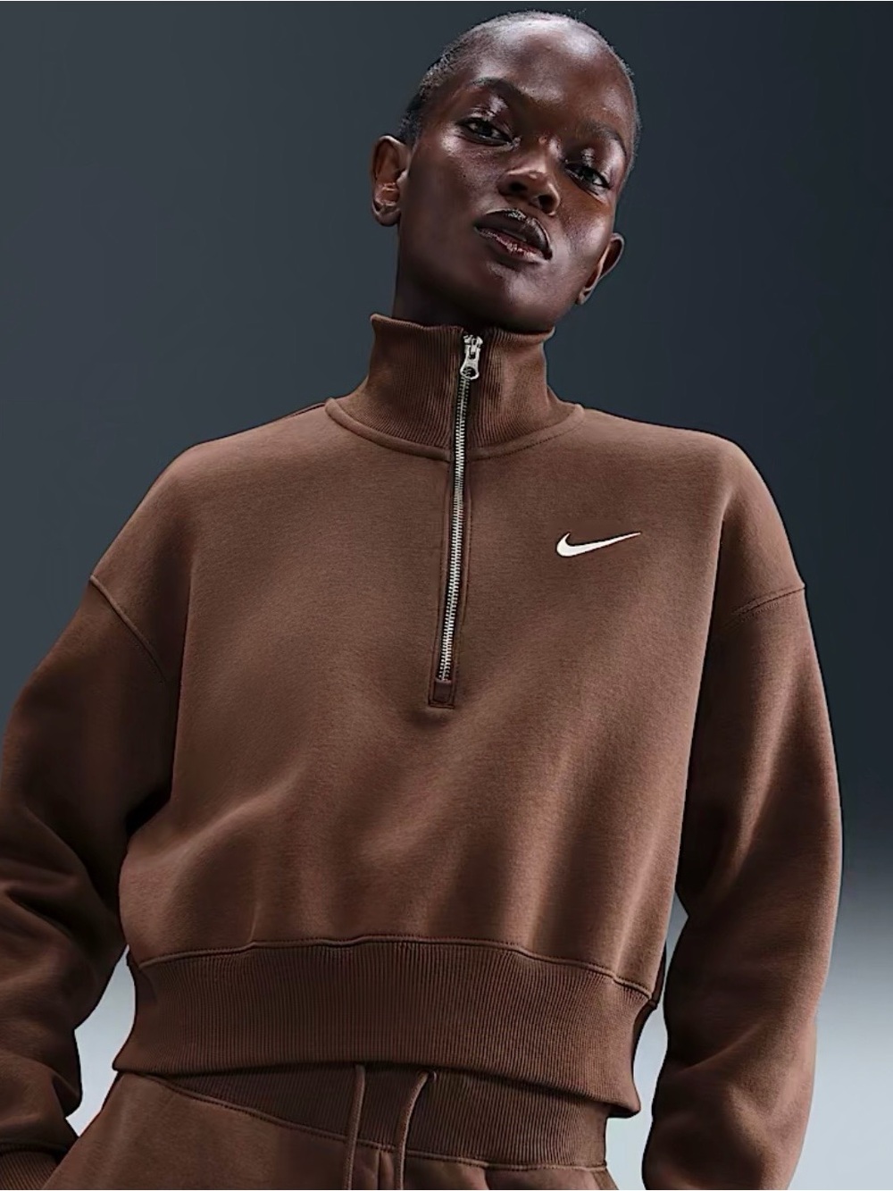 Nike Women’s Phoenix Fleece Chocolate Brown Quarter-Zip Cropped Sweatshirt